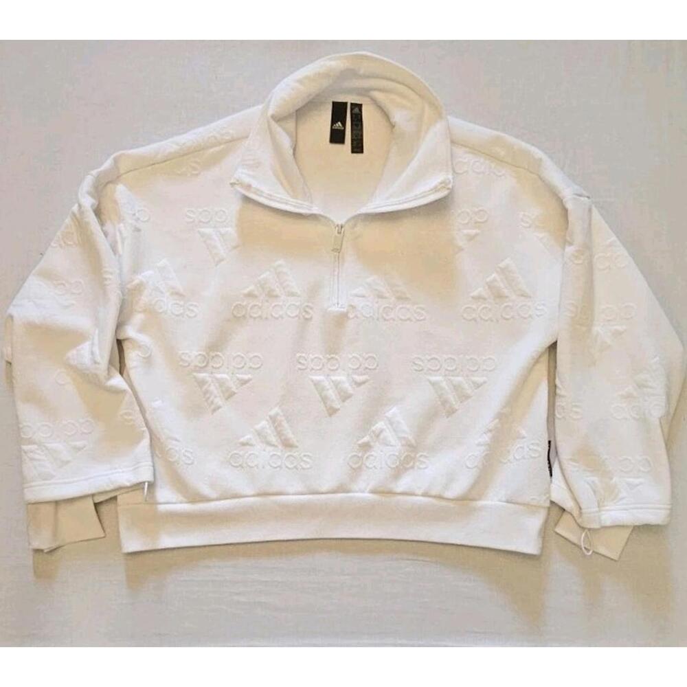 Adidas Sweater Women Medium White Oversized Boxy Raised Logos Pullover
